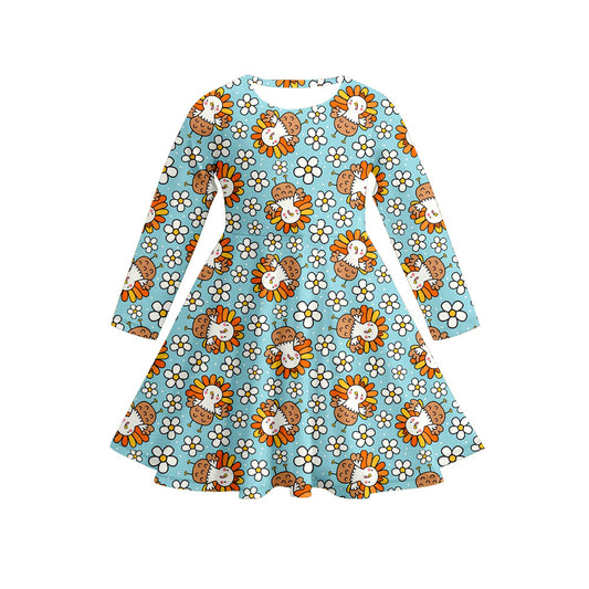 Preorder (moq 5)Baby Girls Long Sleeves Flowers Turkey Plaid Knee Length Dresses