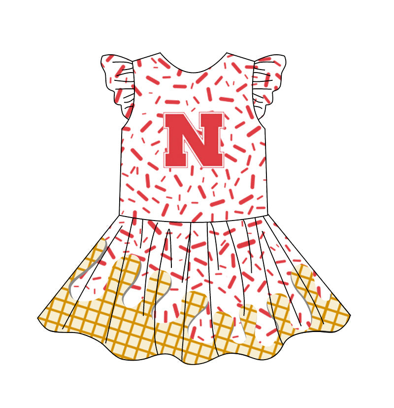 Preorder (moq 5)Baby Girls Flutter Sleeve Drip Sprinkles Team Short Knee Length Dresses