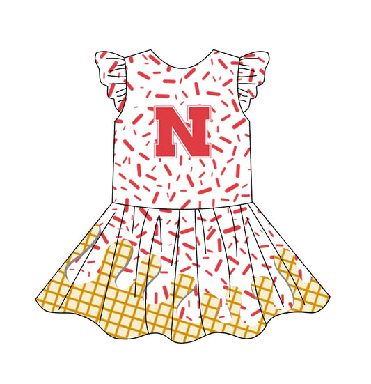 Preorder (moq 5)Baby Girls Flutter Sleeve Drip Sprinkles Team Short Knee Length Dresses
