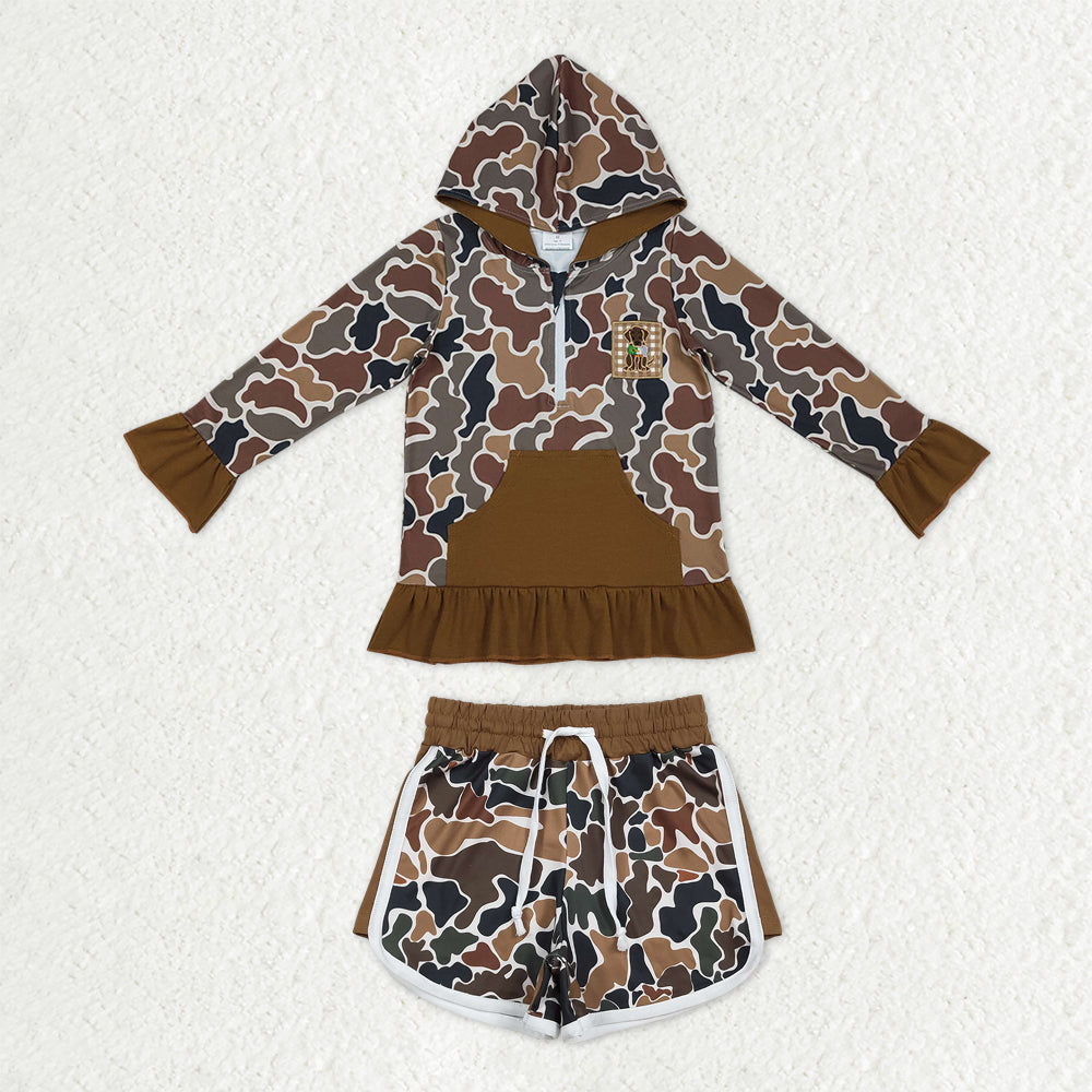 Baby Girls Dark Brown Camo Embroidery Dog Ducks Pockets Zip Hoodies Shorts Hunting Clothes Sets