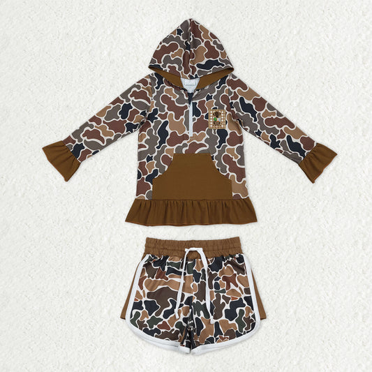 Baby Girls Dark Brown Camo Embroidery Dog Ducks Pockets Zip Hoodies Shorts Hunting Clothes Sets