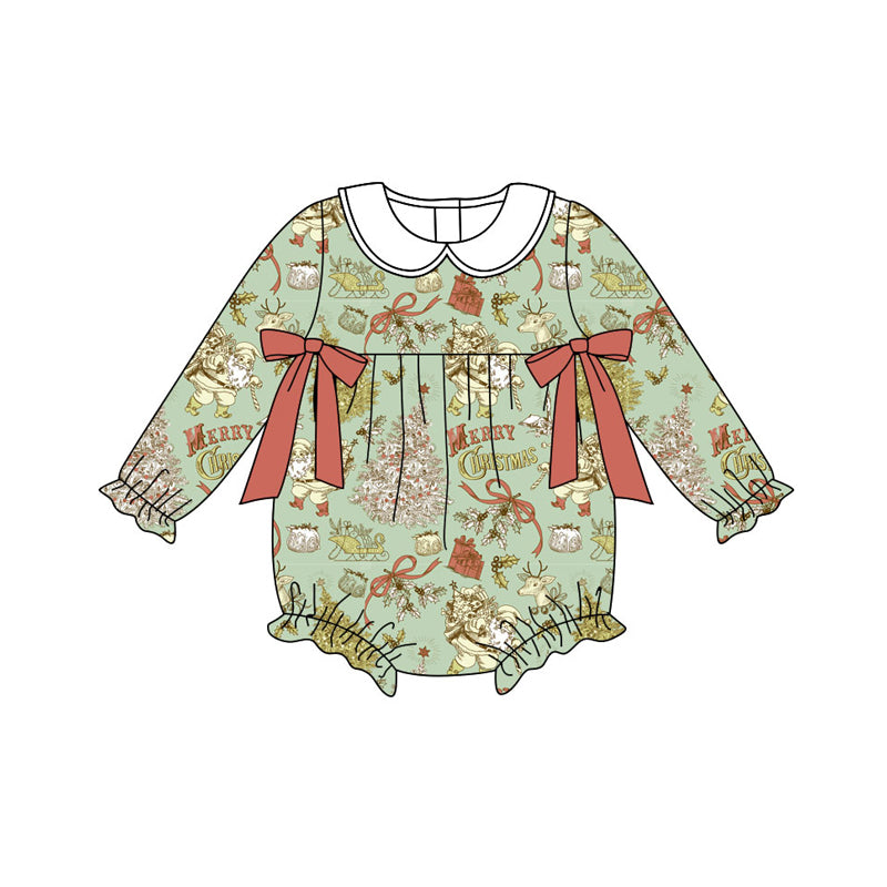 Preorder(moq 5)Baby Infant Girls Green Santa Trees Bows Merry Christmas Ruffle Rompers