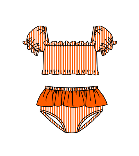 Preorder moq 5 Baby Girls Orange Stripe Vest Top Bummies Short Team Swimsuits