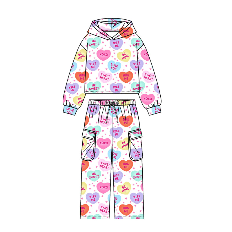 Preorder (moq5) Girls Valentine Heart Kiss Print Hoodie Pockets Joggers Team Clothes Set
