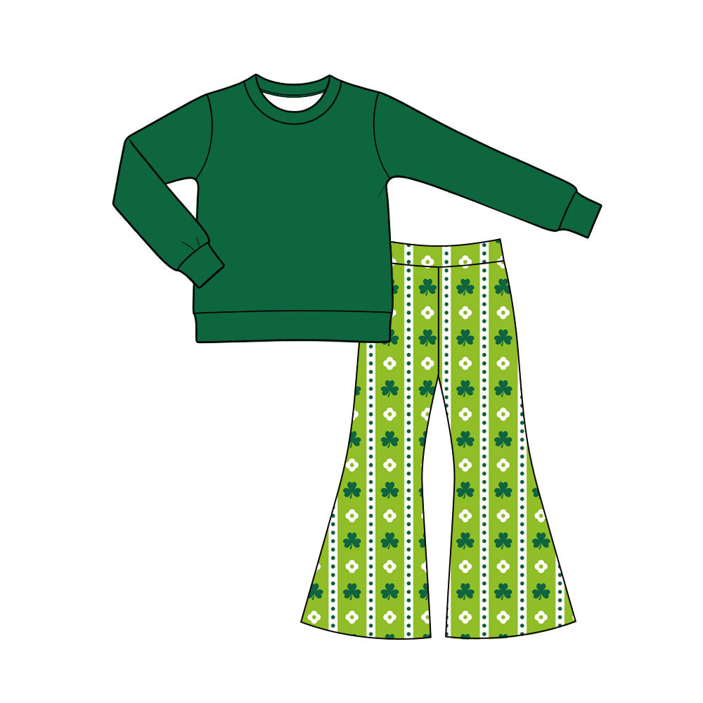 Preorder (moq 5) Baby Girl Clothes St Patrick's Day Simple Clover Dot Striped Print Long Sleeve Flare Pant Set
