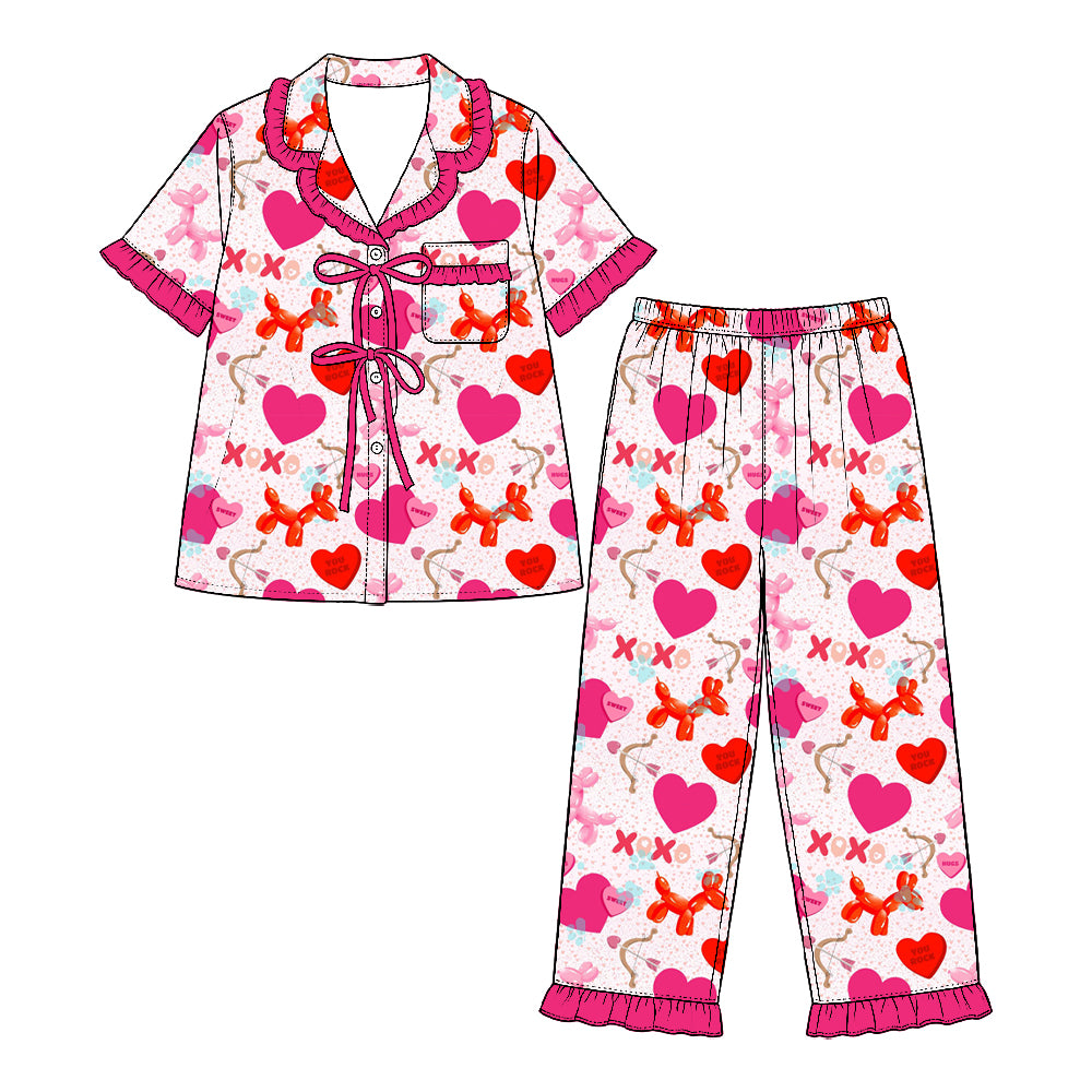 Preorder (moq 5) Baby Girl Clothes Colorful Polka Dot Bow Mixed Print Short Sleeve Ruffle Pajama Set