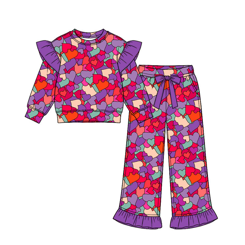 Preorder (moq 5)Baby Girls Colorful Hearts Top Pockets Ruffle Pant Valentines Clothes Set