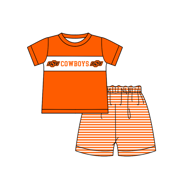 Preorder (moq 5)Baby Boys Orange Short Sleeve Cowboys Top Stripe Shorts Team Clothes Sets