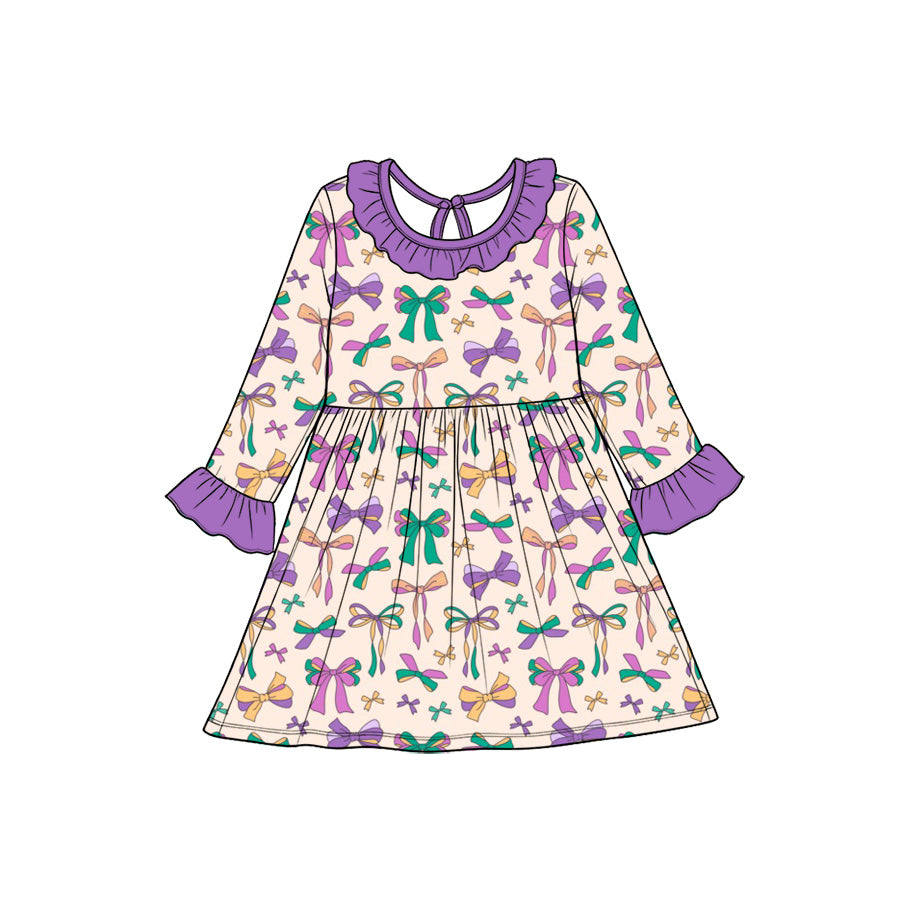 Preorder(moq5) Baby Girl Clothes Mardi Gras Pastel Bow Print Long Sleeve Ruffle Neck Dress