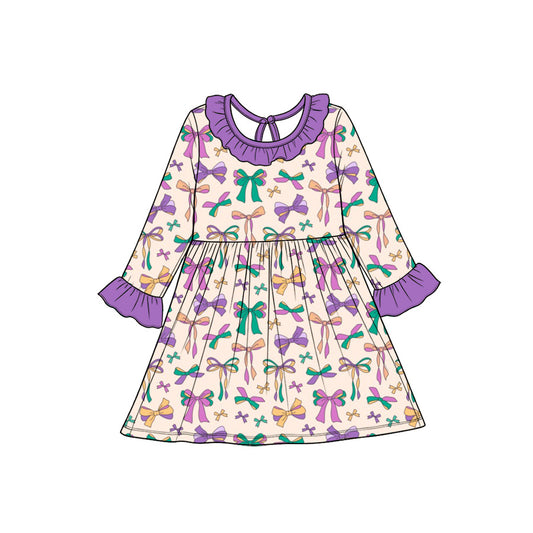 Preorder(moq5) Baby Girl Clothes Mardi Gras Pastel Bow Print Long Sleeve Ruffle Neck Dress