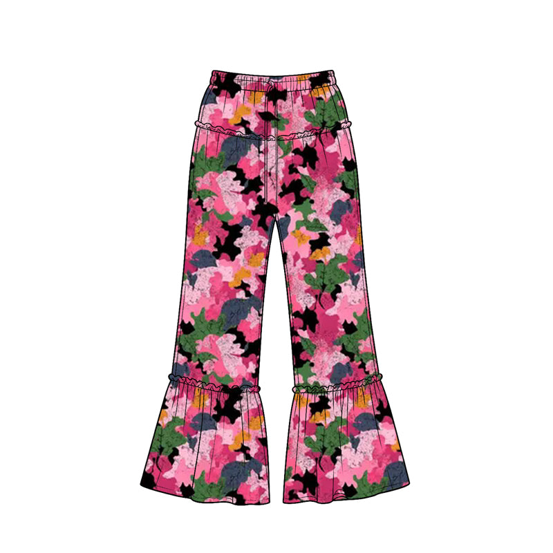 Preorder (moq 5) Baby Girl Clothes Bright Floral Camo Print Ruffle Waist Ruffle Hem Flare Pants