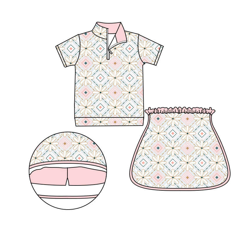 Preorder (moq 5)Baby Girls Pink Aztec Flowers Zip Pullovers Top Skort Shorts Clothes Sets