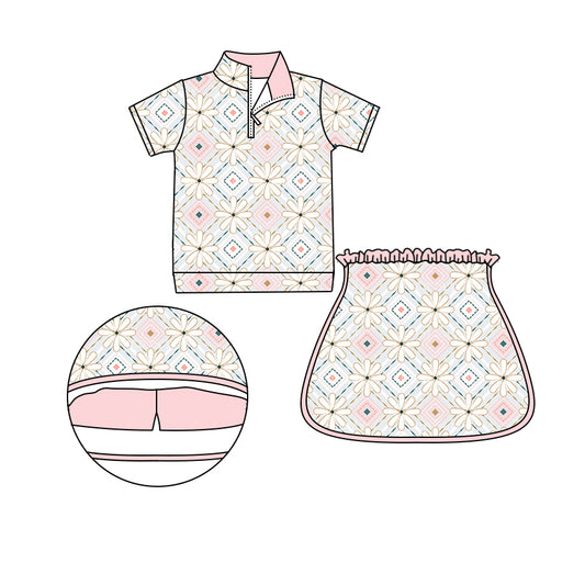 Preorder (moq 5)Baby Girls Pink Aztec Flowers Zip Pullovers Top Skort Shorts Clothes Sets