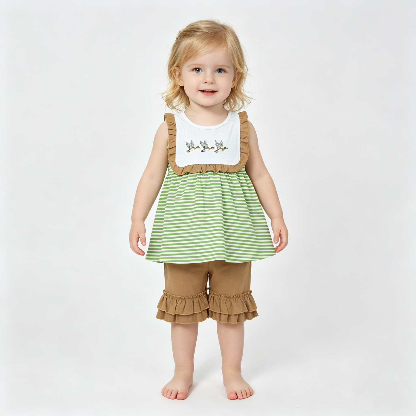 Embroidery Ducks Baby Girls Sleeveless Stripe Tunic Ruffle Short Clothes Sets