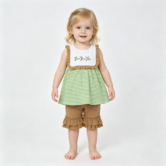 Embroidery Ducks Baby Girls Sleeveless Stripe Tunic Ruffle Short Clothes Sets