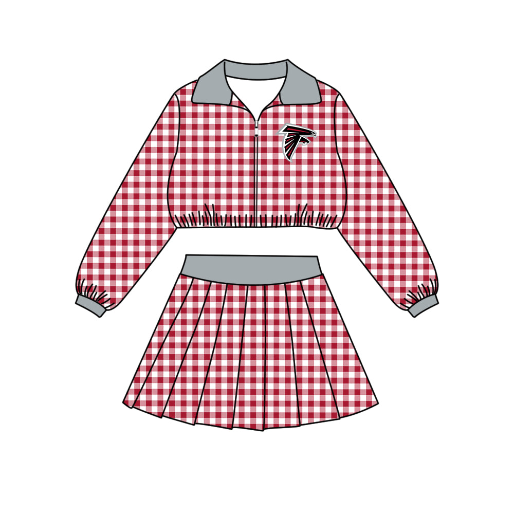 Preorder (moq 5)Baby Girls Red Checked Falcons Zip Pullovers Short Team Clothes Set