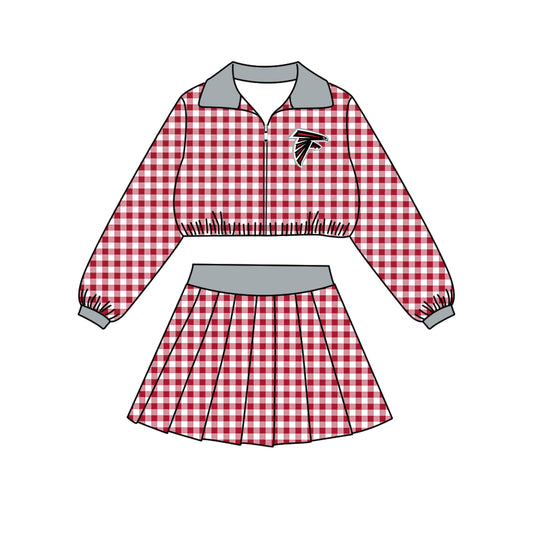 Preorder (moq 5)Baby Girls Red Checked Falcons Zip Pullovers Skirt Short Team Clothes Set
