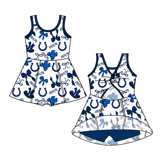 Preorder (moq 5)Baby Girls Blue Sleeveless Bows Plaid Colts Short Team Knee Length Dresses
