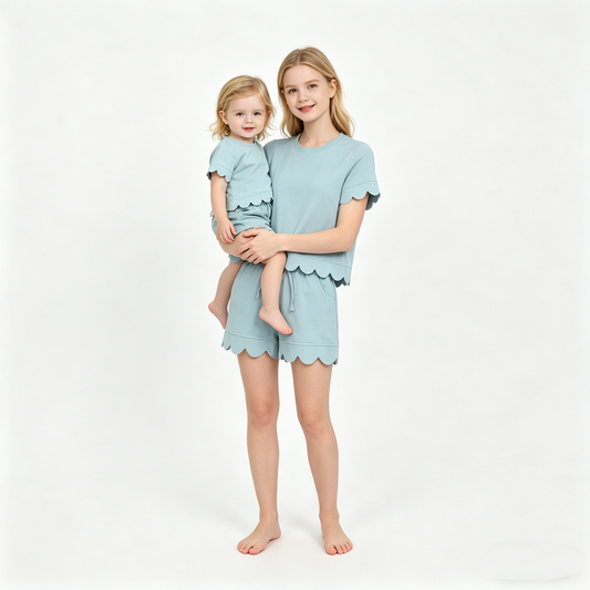 Mama and Me Girls Light Blue Top Pockets Short Scallop Cotton Clothes Sets