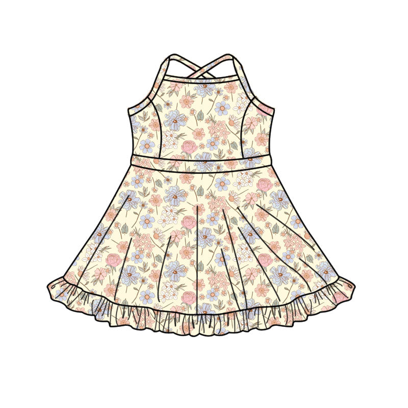 Preorder(moq 5) Baby Girls Strap Floral Shorts Ruffle Knee Length Dresses