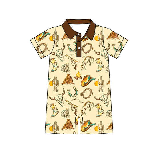 Preorder (moq 5)Baby Boys Boots Bull Skulls Button Western Shorts Rompers