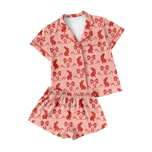 Preorder (moq 5)Baby Girls Red Bows Rabbits Button Pocket Top Shorts Easter Pajamas Sets