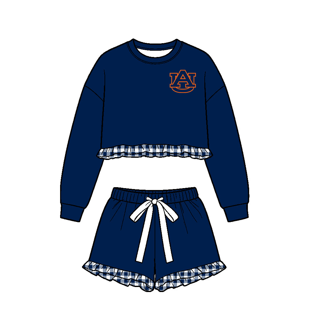 Preorder (moq 5) Girls’ Team Dark Blue Round-Neck Long-Sleeve Ruffle Top & Matching Bow-Tie Waist Shorts 2-Piece Set