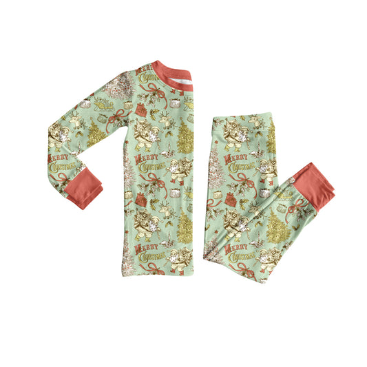 Preorder (moq 5)Baby Girls Green Santa Trees Top Pants Merry Christmas Pajamas Set