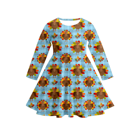 Preorder (moq 5)Baby Girls Long Sleeves Blue Leaves Turkey Plaid Knee Length Dresses