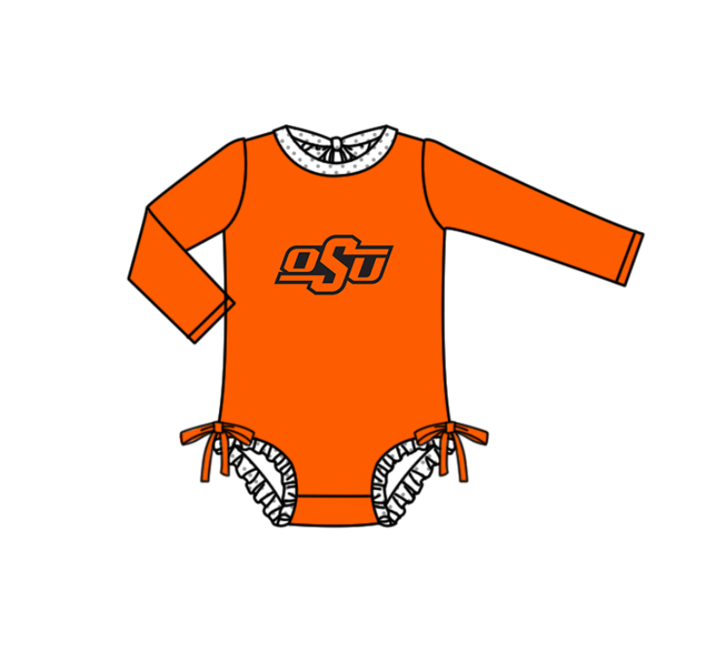 Preorder moq 5 Baby Girls Orange Long Sleeve OSU Team Swimsuits
