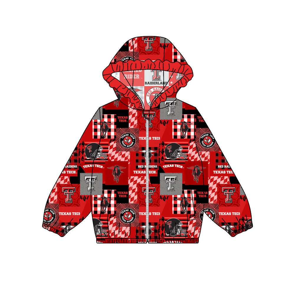 Preorder (moq 5)Baby Girls Texas Tech Footballs Red Grey Team Ruffle Hooded Tops