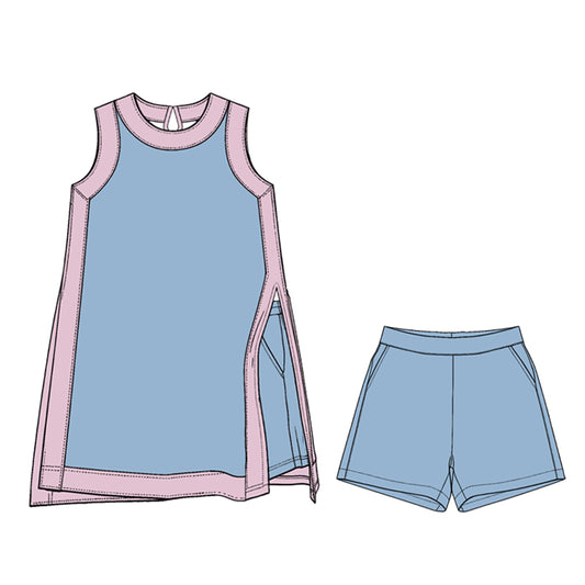 Preorder moq 5 Baby Girls Light Pink Blue Split Tunic Pockets Short Clothes Sets