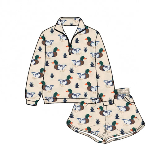 Preorder (moq 5)Baby Girls Ducks Plaid Zip Pullovers Pockets Short Hunting Set