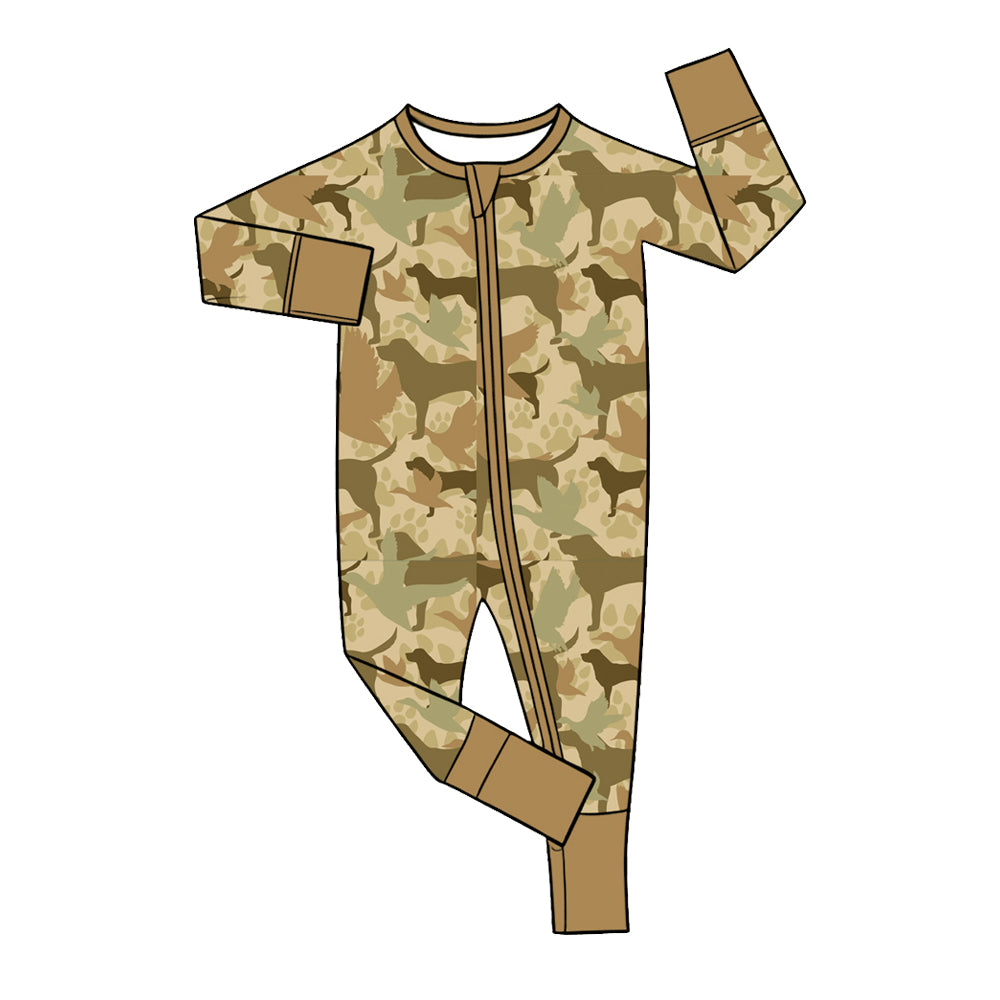 Preorder (moq 5) Baby Boy Clothes Khaki Hunting Dog Bird Camo Print Long Sleeve Zipper Romper