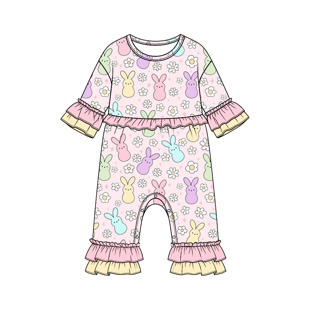 Preorder moq 5 Girls’ Easter Bunny Romper, Colorful Cute Rabbit & White Floral Print, Ruffle-Trim One-Piece Spring Holiday Outfit