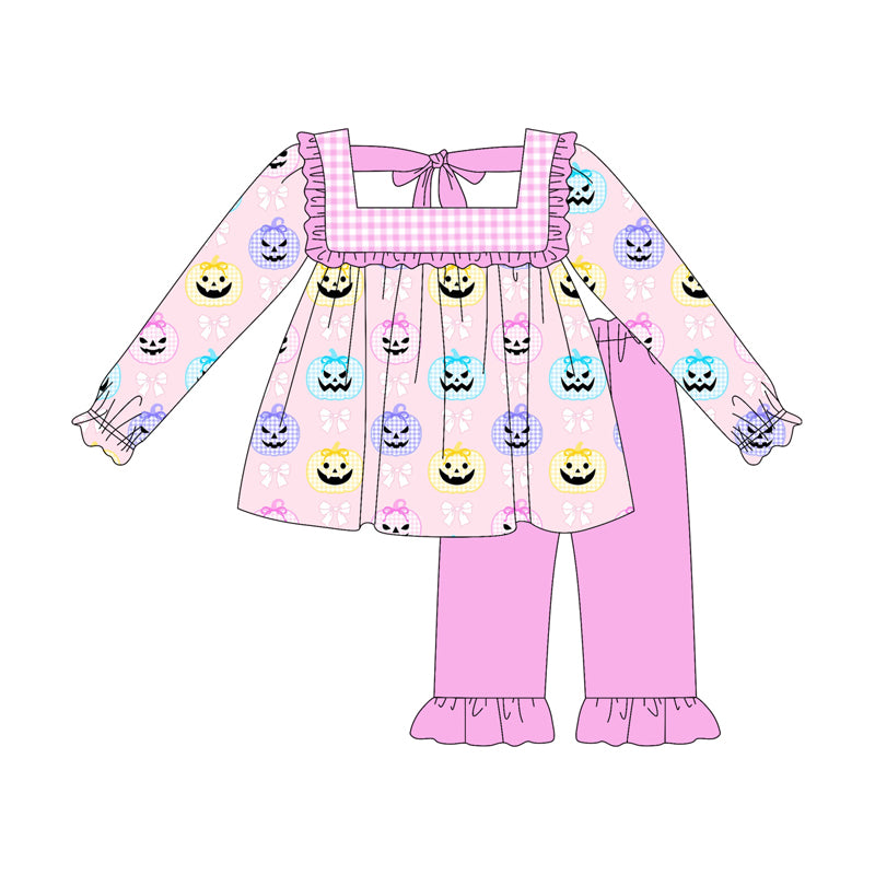 Preorder (moq 5)Baby Girls Pink Long Sleeves Bows Pumpkins Tunic Ruffle Pant Sets