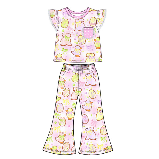 Preorder (moq 5) Baby Girl Clothes Easter Bunny Duck Gingham Print Flutter Sleeve Flare Pant Set