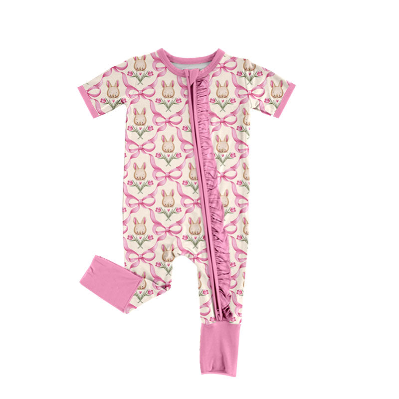 Preorder (moq 5) Baby Girl Clothes Easter Pink Bow Bunny Tulip Mixed Print Short Sleeve Ruffle Zipper Romper