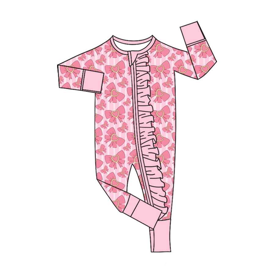Preorder (moq 5) Baby Girls Heart Bows Valentines Two Way Ruffle Zip Convertible Romper