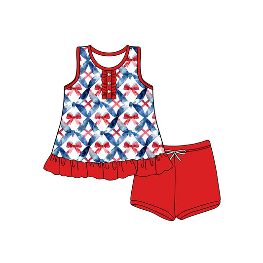 Preorder (moq 5)Baby Girls Sleeveless Button Red Blue Bows Tunic Short 4th Of July Set