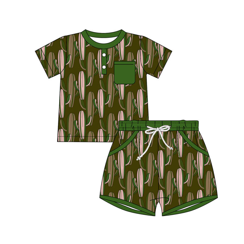 Preorder(moq 5) Baby Boys Green Cactus Button Pocket Top Shorts Western Clothes Sets