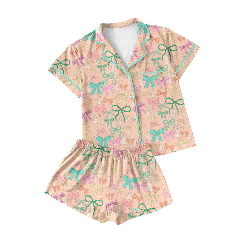 Preorder (moq 5)Baby Girls Colorful Bows Rabbits Button Pocket Top Shorts Easter Pajamas Sets