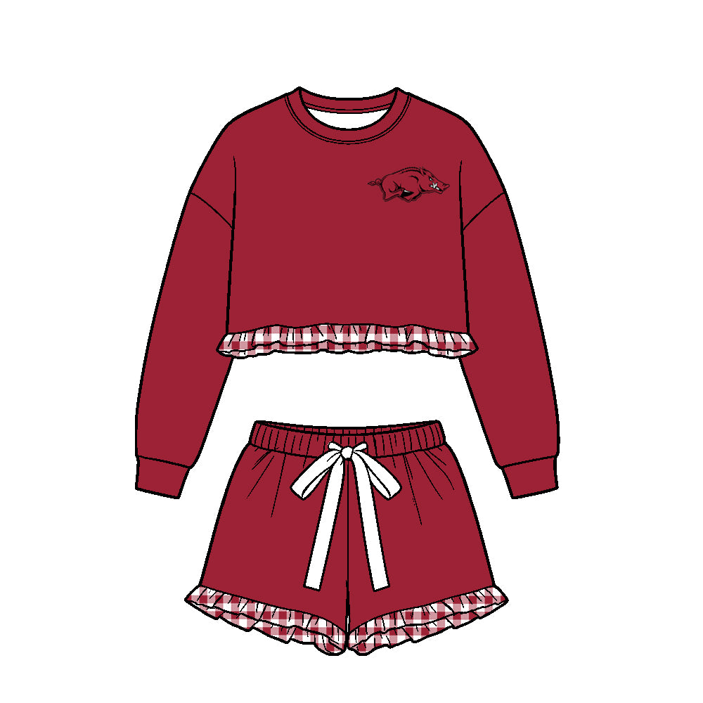 Preorder (moq 5) Girls’ Team Dark Red Round-Neck Long-Sleeve Ruffle Top & Matching Bow-Tie Waist Shorts 2-Piece Set
