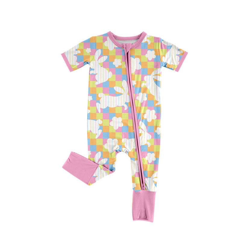 Preorder(moq 8)Baby Girls Colorful Checked Rabbits Flowers Easter Zipper Footie Rompers