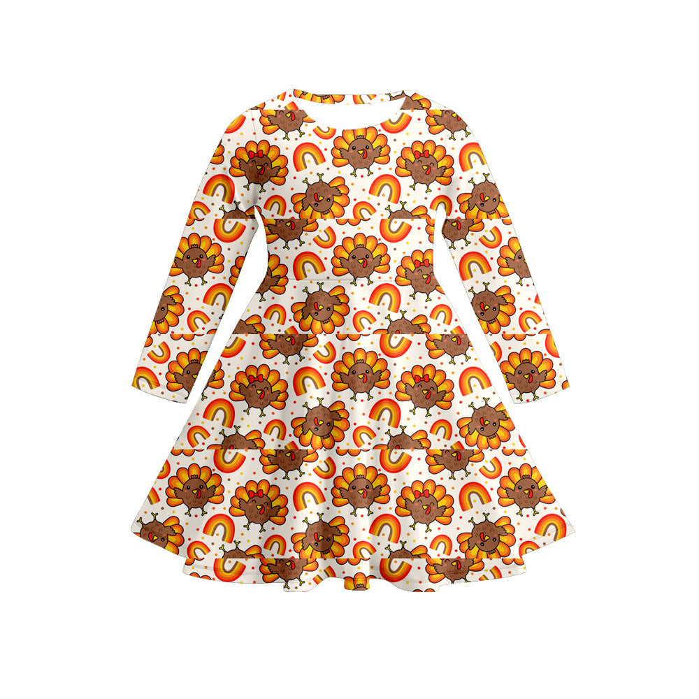Preorder (moq 5)Baby Girls Long Sleeves Rainbows Turkey Plaid Knee Length Dresses