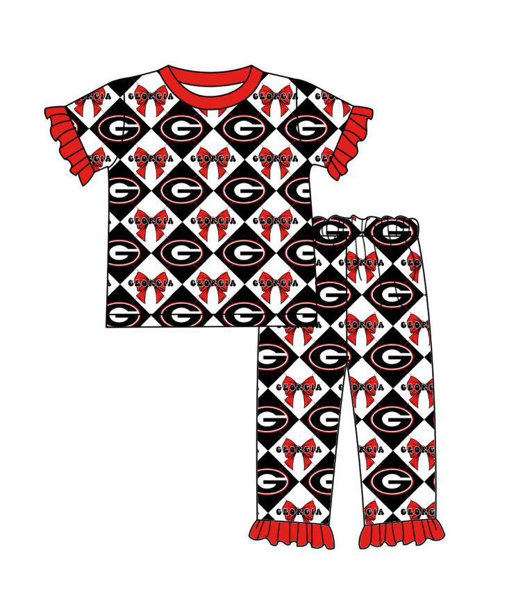 Preorder moq 5 Baby Girls Short Sleeve G Bows Checked Top Ruffle Pants Team Clothes Set