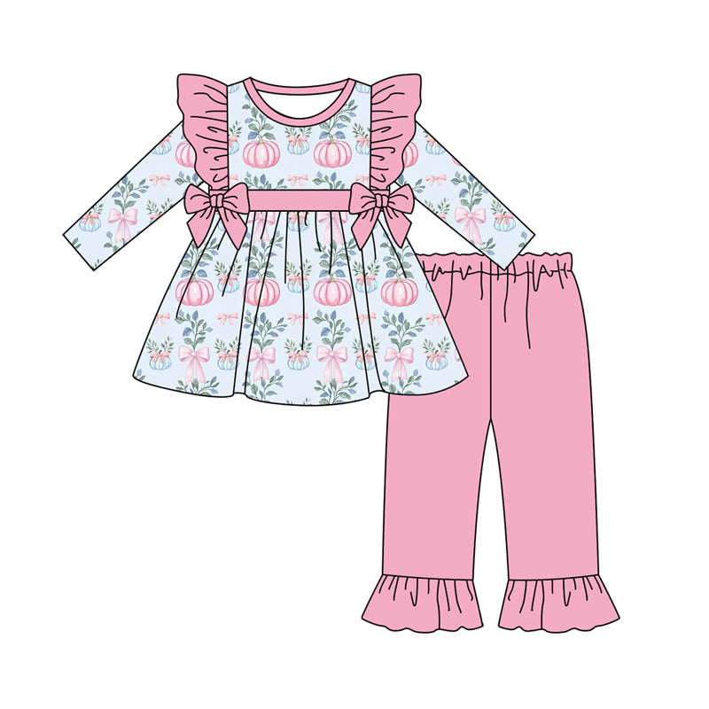 Preorder (moq 5)Baby Girls Long Sleeves Pink Bows Pumpkins Tunic Ruffle Pant Set