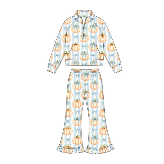 Preorder (moq 5)Baby Girls Bows Pumpkins Zip Pocket Pullover Top Bell Bottom Pant Fall Clothes Sets