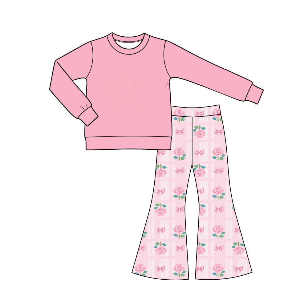 Preorder (moq 5) Baby Girl Clothes Solid Pink Top Rose Bow Plaid Print Flare Pants Outfit Set