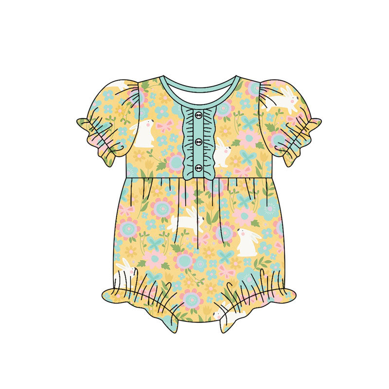 Preorder(moq 8)Baby Girls Flowers Rabbits Easter Button Ruffle Rompers